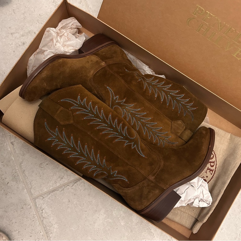 Penelope Chilvers Brown Boots with Blue Embroidery